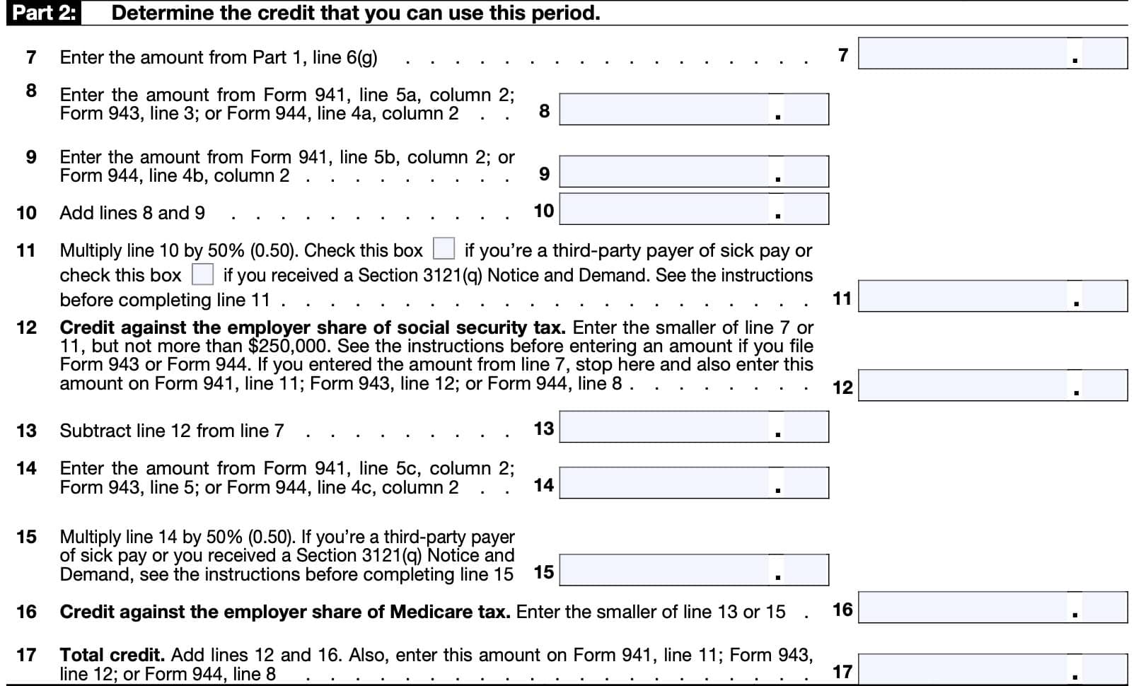 irs form 8974 part 2: determine the credit that you can use this period