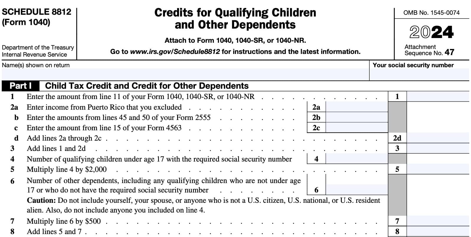 Schedule 8812, part I: child tax credit & credit for other dependents