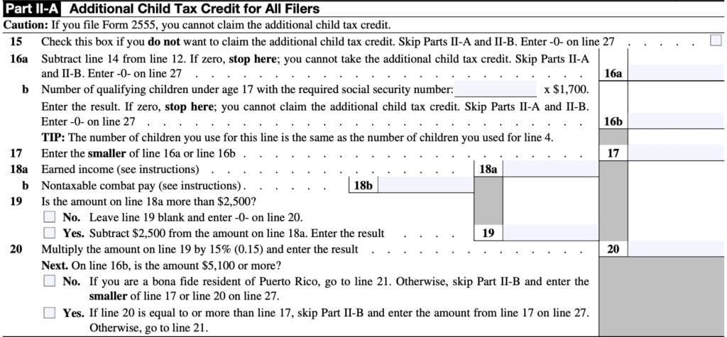 Schedule 8812, part II-A: additional child tax credit for all filers