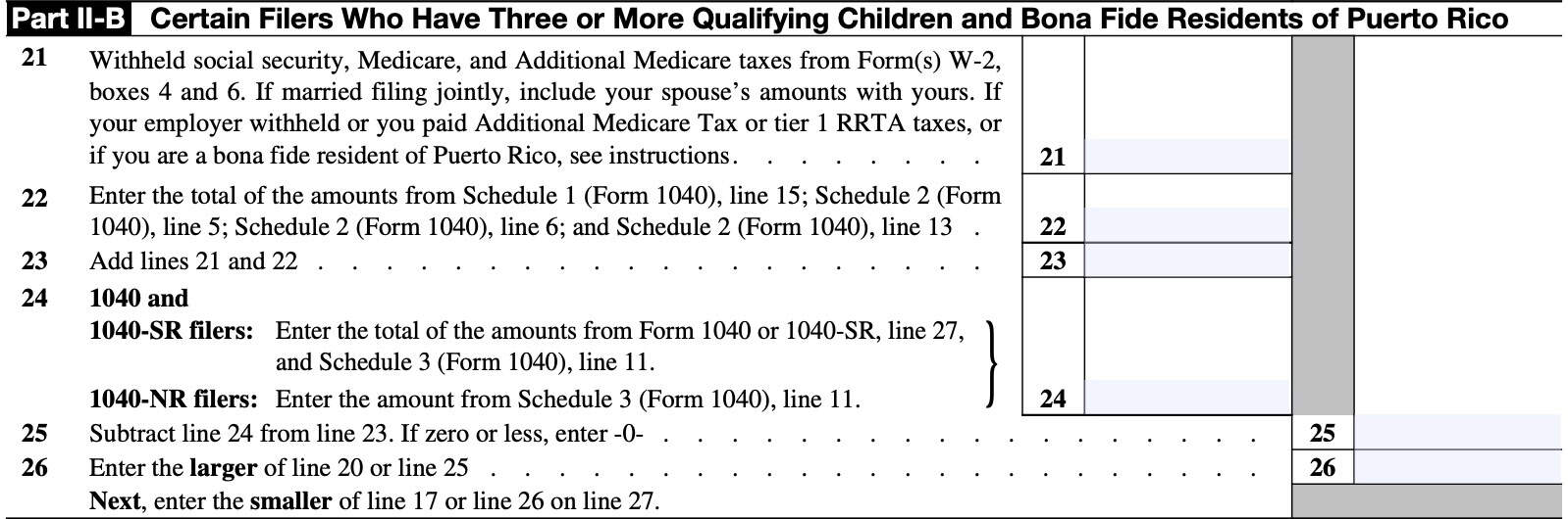 Schedule 8812, part II-B: 3 or more qualifying children and bona fide residents of puerto rico