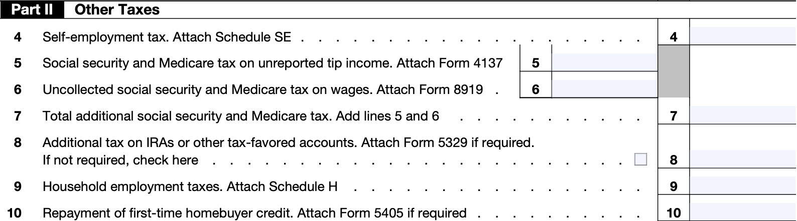 irs schedule 2, Part II, line 4 through line 10