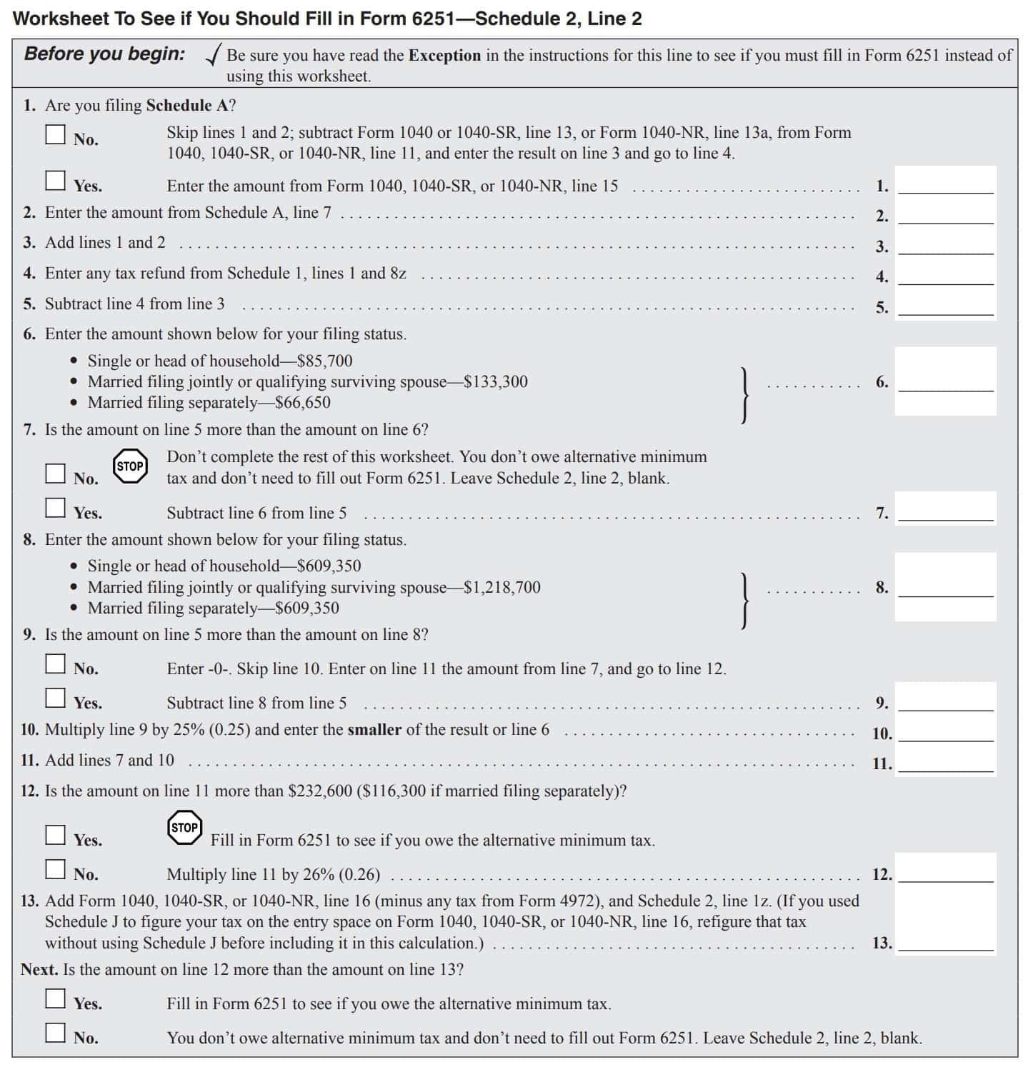 worksheet to see if you should fill in IRS Form 6251