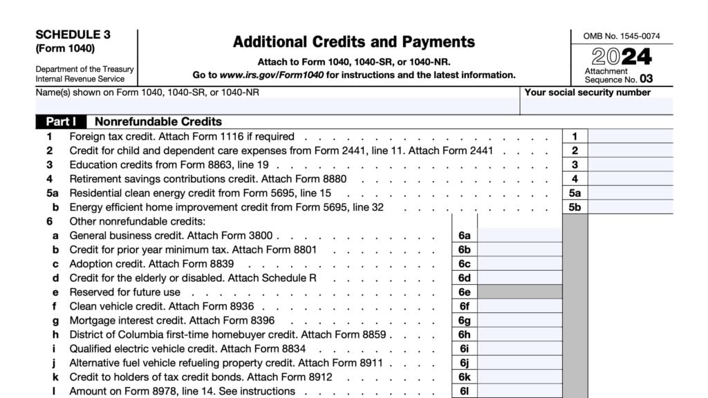 IRS Schedule 3, Additional Credits & Payments