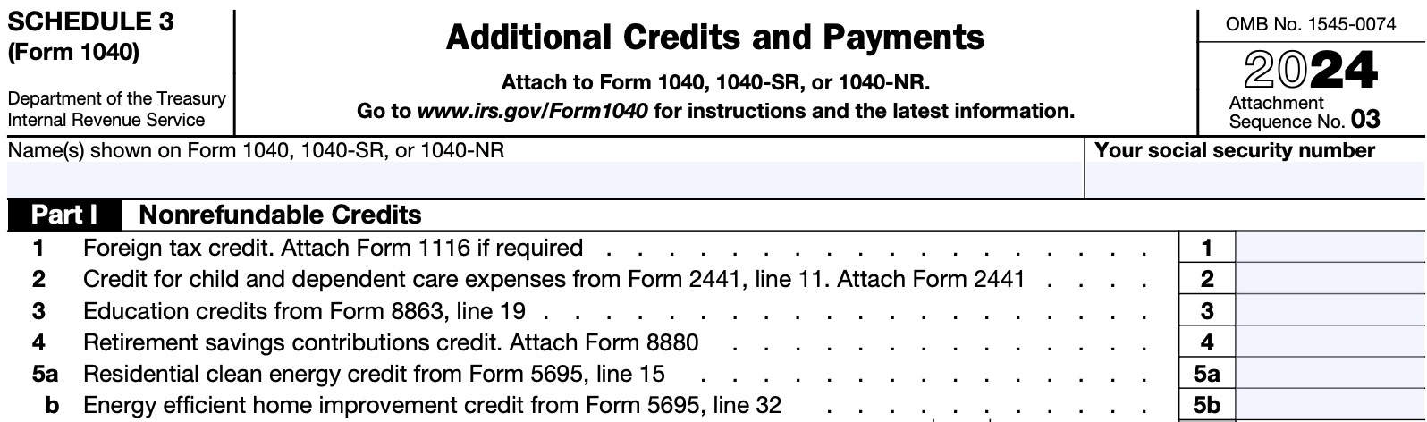 irs schedule 3, part i, additional credits and payments