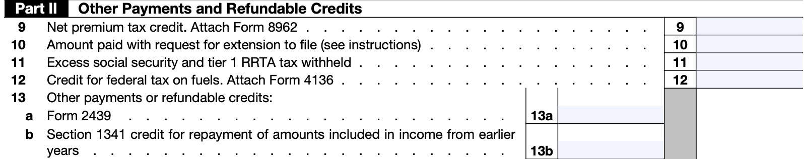 irs schedule 3, part II: other payments and refundable credits