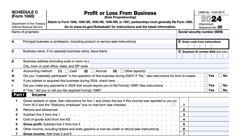 irs schedule c, profit or loss from business (sole proprietorship)