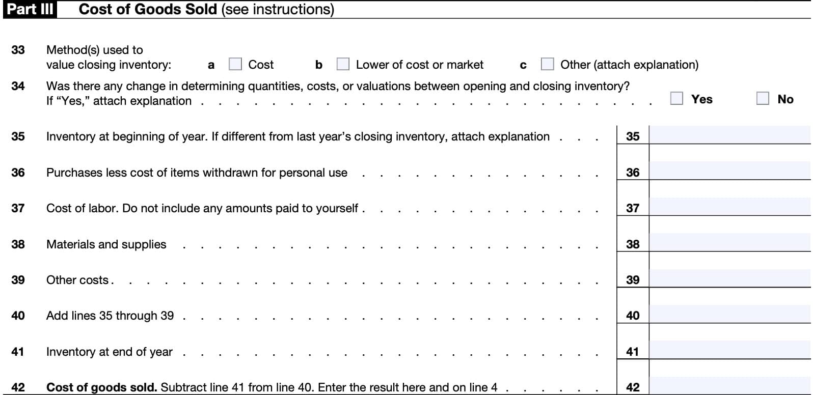 Part III, cost of goods sold