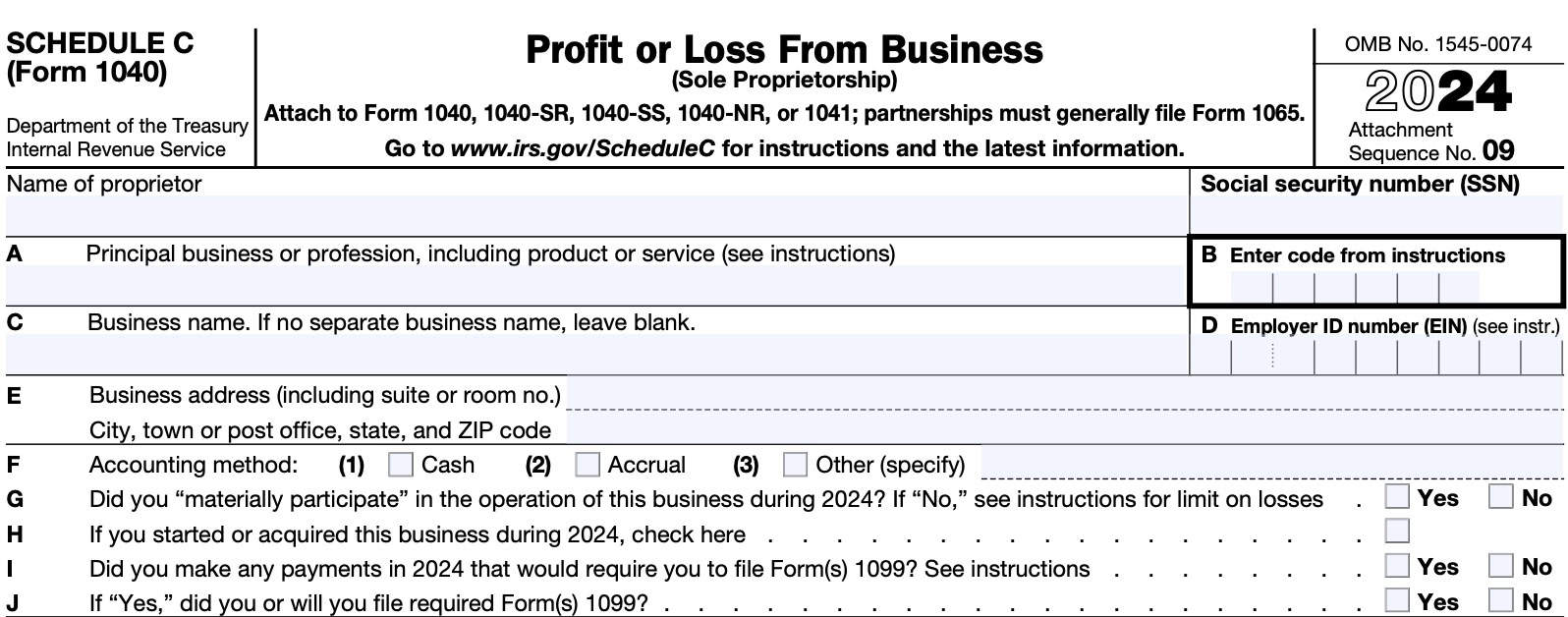 IRS Schedule C taxpayer information