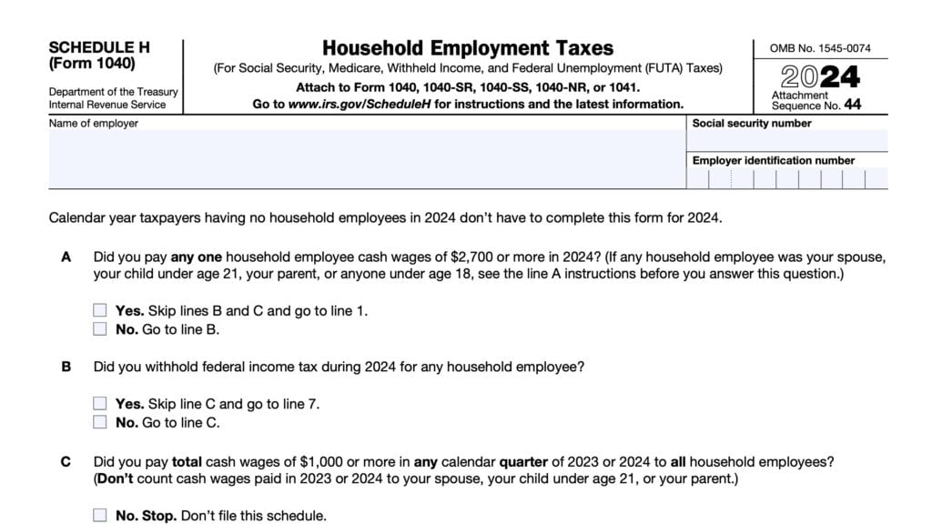 irs schedule h, household employment taxes