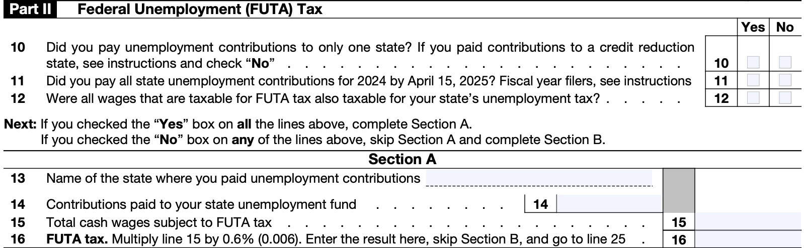 irs schedule h, part ii: federal unemployment (FUTA) Tax